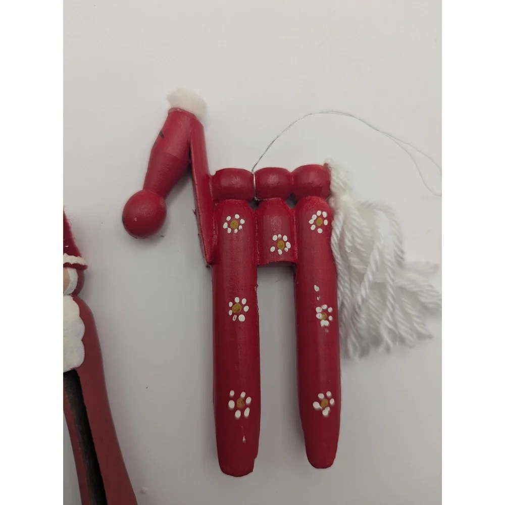 2‎ Vintage Christmas Ornaments Horse & Santa Old Wooden Clothespins Red White